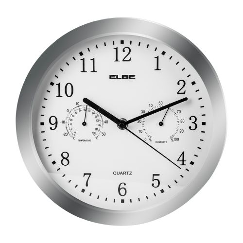 RELOJ CON MEDIDOR TEMPERATURA Y HUMEDAD PLATA 25CM