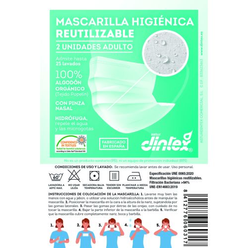 MASCARILLA HIGIENICA REUTILIZABLE CON PINZA 2 UD