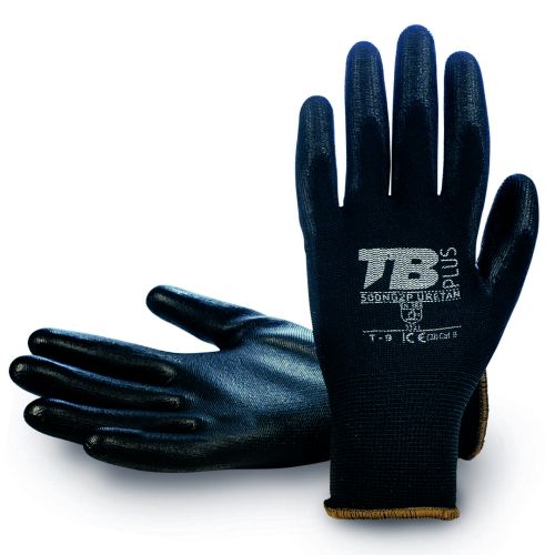 GUANTE POLIESTER SIN COSTURAS PALMA PU NEGRO 10 (PARES)