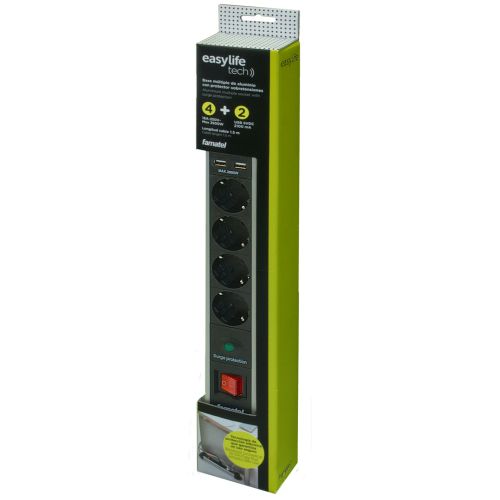 BASE MULTIPLE 4TOMAS+2USB Y CABLE SOBRETENSION ALU