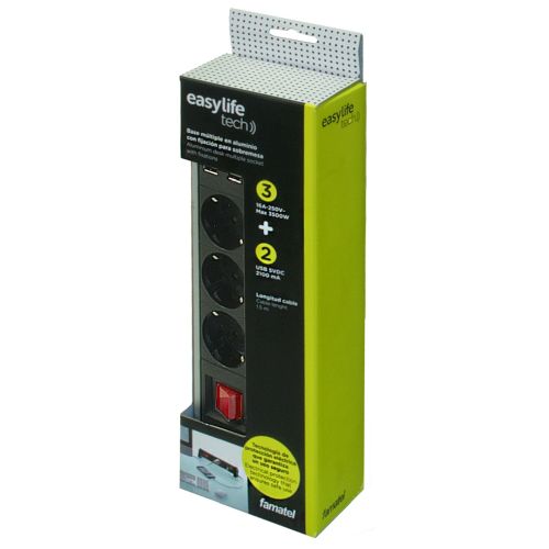 BASE MULTIPLE 3 TOMAS TT + 2 USB ALUMINIO